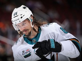 Erik Karlsson #65 of the San Jose Sharks skates on the ice during the first period of the NHL game against the Arizona Coyotes at Gila River Arena on December 8, 2018 in Glendale, Arizona.