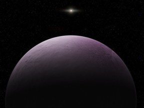 This image provided by the Carnegie Institution for Science shows an artist's concept of a dwarf planet that astronomers say is the farthest known object in our solar system, which they have nicknamed "Farout." The International Astronomical Union's Minor Planet Center announced the discovery of the pink cosmic body Monday, Dec. 17, 2018. (Roberto Molar Candanosa/Carnegie Institution for Science via AP)