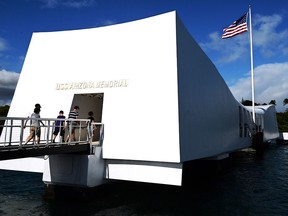 The USS Arizona Memorial, marking the resting place of the crewmen killed on December 7, 1941 when Japanese Naval Forces bombed Pearl Harbor, is pictured on December 24, 2016 in Pearl Harbor, Hawaii. (Getty Images)