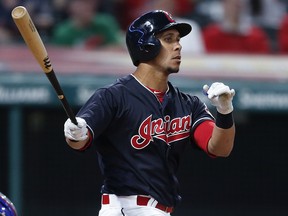 Michael Brantley of the Cleveland Indians hits a grand slam at Progressive Field on May 1, 2018 in Cleveland, Ohio. (Ron Schwane/Getty Images)