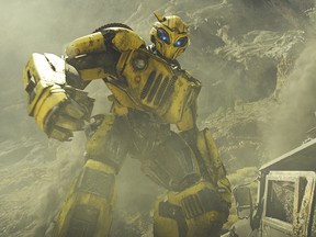 This image released by Paramount Pictures shows Bumblebee in a scene from "Bumblebee." (Paramount Pictures via AP)