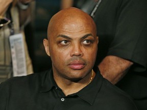 In this May 2, 2015, file photo, Charles Barkley joins the crowd before the start of the world welterweight championship bout between Floyd Mayweather Jr. and Manny Pacquiao in Las Vegas. (AP Photo/John Locher, File)