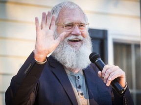 In this Thursday, Sept. 27, 2018 file photo, former Late Night talk show host David Letterman waves during a political rally in Muncie, Ind. (Jordan Kartholl/The Star Press via AP,File)