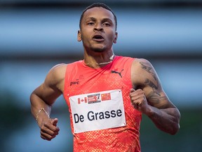 Andre De Grasse sprints to a third-place finish during the Canada-China challenge men's 100 metre race at the Harry Jerome International Track Classic, in Burnaby, B.C., on Tuesday, June 26, 2018. (THE CANADIAN PRESS/Darryl Dyck)