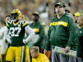 Head coach Mike McCarthy of the Green Bay Packers watches from the sidelines during the second quarter of a game against the Chicago Bears at Lambeau Field on September 9, 2018 in Green Bay, Wis. (Dylan Buell/Getty Images)