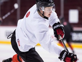 Canada forward Cody Glass takes a shot on goal during team practice for the IIHF World Junior Hockey Championships, in Vancouver on Tuesday, Dec. 25, 2018.