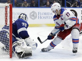 New York Rangers right wing Jesper Fast (17) scores on Tampa Bay Lightning goaltender Louis Domingue (70) Monday, Dec. 10, 2018, in Tampa, Fla. (AP Photo/Chris O'Meara)