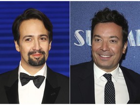 This combination photo shows actor Lin-Manuel Miranda at the "Mary Poppins Returns" premiere in London on Dec. 12, 2018, left, and TV late night host Jimmy Fallon at the opening night of "Summer: The Donna Summer Musical" in New York on April 23, 2018.  (AP Photo)