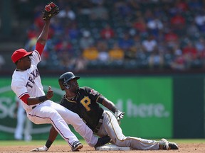 Felix Pie of the Pittsburgh Pirates steals second base against Jurickson Profar of the Texas Rangers at Rangers Ballpark in Arlington on September 11, 2013 in Arlington. (Ronald Martinez/Getty Images)
