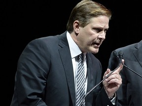 In this Aug. 24 2017, file photo, Ottawa Senators assistant general manager Randy Lee gestures while speaking at a memorial service for Bryan Murray at the Canadian Tire Centre in Ottawa. (Justin Tang/The Canadian Press via AP, File)