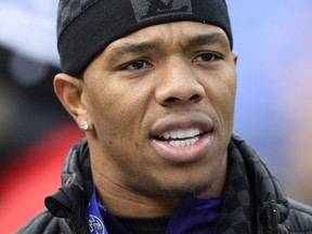 FILE - In this Nov. 18, 2018, file photo, former Baltimore Ravens NFL football player Ray Rice stands on the Ravens sideline before a game between the Ravens and the Cincinnati Bengals, in Baltimore. Ray Rice says he's not speaking out against domestic violence as a way to rejoin the NFL. Appearing Tuesday, Dec. 18, 2018, in a "CBS This Morning" interview with his wife, Janay, Rice said he sees similarities with himself after a video showed Kansas City Chiefs running back Kareem Hunt shoving and kicking a woman at a hotel last month.