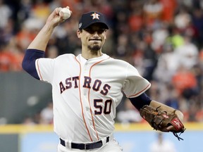 In this Wednesday, Oct. 17, 2018 file photo, Houston Astros starting pitcher Charlie Morton throws against the Boston Red Sox during Game 4 of the American League Championship Series in Houston.