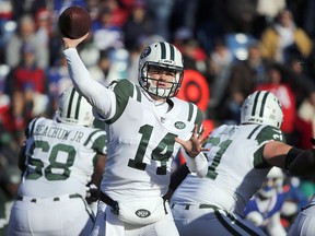 In this Sunday, Dec. 9, 2018, file photo, New York Jets quarterback Sam Darnold passes against the Buffalo Bills during the first half of an NFL football game in Orchard Park, N.Y. (AP Photo/Jeffrey T. Barnes, File)