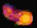 This image made from video provided by Durham University astronomy researcher Jacob Kegerreis shows a computer simulation generated by the open-source code SWIFT that depicts an object crashing into the planet Uranus.