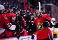 Senators rookie forward Brady Tkachuk is congratulated at the bench after scoring a first period goal against the Nashville Predators in Ottawa on Monday night. (Sean Kilpatrick/The Canadian Press)