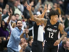 Washington Wizards forward Kelly Oubre Jr. (12) celebrates during the overtime period of an NBA game against the Boston Celtics, Wednesday, Dec. 12, 2018, in Washington.