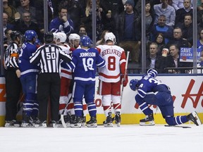 Maple Leafs' Auston Matthews is slow to get up after being run into the boards during the second period in Toronto on Thursday, December 6, 2018. (JACK BOLAND/TORONTO SUN)