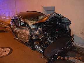 A police photo of a BMW after it crashed into the Borik Tunnel near Poprad, Slovakia.