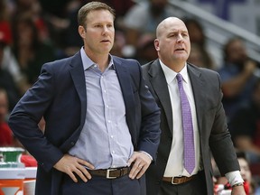 In this Oct. 21, 2017, file photo, Chicago Bulls head coach Fred Hoiberg, left, and assistant Jim Boylen, right, look on from the sidelines during a game against the San Antonio Spurs, in Chicago. (AP Photo/Kamil Krzaczynski, File)