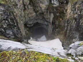 A newly discovered cave in a remote valley in British Columbia's Wells Gray Provincial Park just might be the country's largest such feature. The entrance to the cave, nicknamed "Sarlacc's Pit" by the helicopter crew who discovered it, is seen in an undated handout photo.