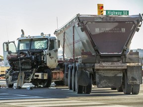 Two of three trucks involved in a collision at the corner of Highway 50 and Cottrelle Blvd. in Brampton, Ont., on Friday Dec. 7, 2018.