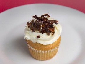 A donair cupcake is seen in Halifax on Thursday, Dec. 6, 2018. Two local businesses, King of Donair and Susie‚Äôs Shortbreads, collaborated to construct the epicurean delight which features vanilla cake paired with donair meat baked in, topped with delicious donair sauce cream cheese frosting and sprinkled with candied donair meat. The