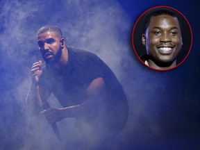 Drake beat Meek Mill (inset) at ping pong and won $100,000 from his former rap rival. (John Phillips/Getty Images/THE CANADIAN PRESS/AP/David Goldman)