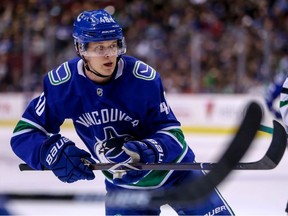 Vancouver Canucks' Elias Pettersson (40) plays the puck during second period NHL hockey action against the Dallas Stars, in Vancouver on Saturday, Dec. 1, 2018.