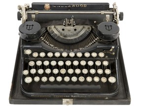 This undated image provided by Julien's Auctions shows the typewriter that Hugh Hefner used in college. It was the top-selling item at an auction of the Playboy magazine founder's possessions. (Julien's Auctions via AP) ORG XMIT: NYAG103