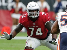 FILE - In this Sept. 23, 2018, file photo, Arizona Cardinals offensive tackle D.J. Humphries blocks during the first half during an NFL game against the Chicago Bears in Glendale, Ariz.