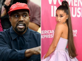 Kanye West (L) has taken aim at Ariana Grande for making light of his fight with Drake.
