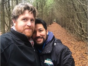 Alberta Tourism and Culture Minister Ricardo Miranda, right, with his fiancé Christopher Brown.