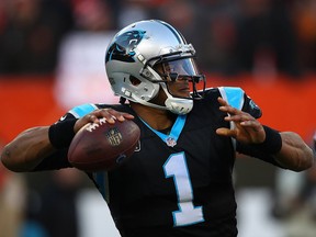 Cam Newton of the Carolina Panthers looks to pass during the fourth quarter against the Cleveland Browns at FirstEnergy Stadium on Dec. 9, 2018 in Cleveland, Ohio.