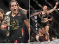 Amanda Nunes (L) will defend her title against Cris Cyborg at UFC 232 on Saturday. (Jason Franson/THE CANADIAN PRESS/Benjamin Hager/Las Vegas Review-Journal via AP)