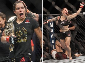 Amanda Nunes (L) will defend her title against Cris Cyborg at UFC 232 on Saturday. (Jason Franson/THE CANADIAN PRESS/Benjamin Hager/Las Vegas Review-Journal via AP)