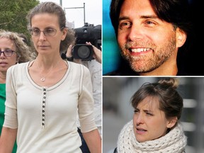 Seagrams heiress Clare Bronfman (L)  is bankrolling the defence for her co-defendants in the sex-trafficking prosecution, including NXIVM founder Keithe Raniere (top R) and Allison Mack (bottom R). (AP Photo/Mary Altaffer/Keithraniere.com/AP Photo/Seth Wenig)