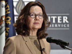 FILE - In this Sept. 24, 2018, file photo, CIA Director Gina Haspel addresses the audience in Louisville, Ky. Haspel is headed to Capitol Hill to brief Senate leaders Tuesday, Dec. 4, 2018, on the slaying of Saudi journalist Jamal Khashoggi as senators weigh their next steps in possibly punishing the longtime Middle East ally over the killing.