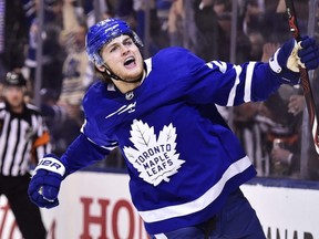 Toronto Maple Leafs centre William Nylander celebrates his goal against the Boston Bruins during second period NHL round one playoff hockey action in Toronto on April 23, 2018.