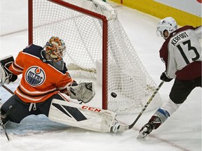 Colorado Avalanche center Alexander Kerfoot scored on Edmonton Oiler goalie Cam Talbot during second period NHL hockey game action in Edmonton on Sunday November 11, 2018.