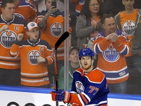 Edmonton Oilers Oscar Klefbom gets a standing ovation after scoring his game winning goal late in the third period in NHL hockey game action in Edmonton on Thursday November 29, 2018. The Oilers defeated the Kings by a score of 3-2.