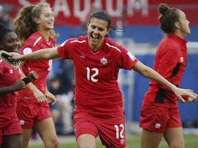 Canada forward Christine Sinclair (12) celebrates at the conclusion of a soccer match against Panama at the CONCACAF women's World Cup qualifying tournament in Frisco, Texas, Sunday, Oct. 14, 2018.