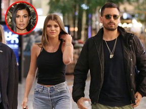 In this Nov. 1, 2018 file photo, Scott Disick and Sofia Richie, middle, make a store appearance at Windsor Smith at Chadstone Shopping Centre on Melbourne, Australia. Richie joined Disick and his ex Kourtney Kardashian, inset, on a second family vacation in Aspen, Colorado. (Scott Barbour/Getty Images)