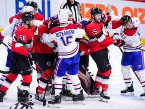 Tempers flare as the Ottawa Senators take on the Montreal Canadiens during third period NHL hockey action in Ottawa on Thursday, Dec. 6, 2018.