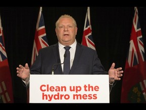 Then-Ontario PC Leader Doug Ford announced his intention to fire the CEO as well as the entire board of Hydro One, in Toronto on Thursday April 12, 2018.