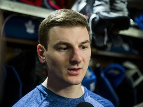 Toronto Maple Leafs Zach Hyman speaks to media during the Leafs locker clean out at the Air Canada Centre in Toronto, Ont. on April 27, 2018. Ernest Doroszuk/Toronto Sun