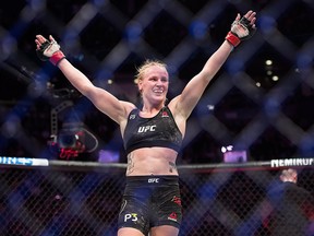 Valentina Shevchenko reacts after defeating Joanna Jedrzejczyk during the UFC Women's Flyweight title bout in Toronto on Sunday, Dec. 9, 2018.