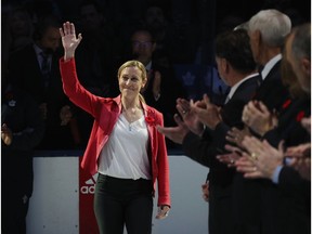 Jayna Hefford is introduced to fans during a pregame ceremony for the Hockey Hall of Fame prior to the Toronto Maple Leafs taking on the New Jersey Devils at the Scotiabank Arena on November 09, 2018 in Toronto, Ontario, Canada.