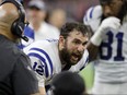 Andrew Luck of the Indianapolis Colts reacts on the sideline in the fourth quarter against the Houston Texans during the Wild Card Round at NRG Stadium on Jan. 5, 2019 in Houston, Texas.