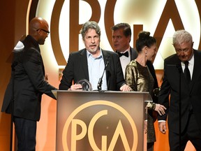 BEVERLY HILLS, CA - JANUARY 19:  Producer Peter Farrelly (2nd from L) accepts The Darryl F. Zanuck Award for Outstanding Producer of Theatrical Motion Pictures for 'Green Book' onstage from Lauren Shuler Donner (2nd from L) and Richard Donner (far L) during the 30th annual Producers Guild Awards at The Beverly Hilton Hotel on January 19, 2019 in Beverly Hills, California.  (Photo by Frazer Harrison/Getty Images)