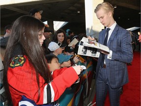 Elias Pettersson arrives at the 2019 NHL All-Star Red Carpet on Jan. 25, 2019 in San Jose, Calif.